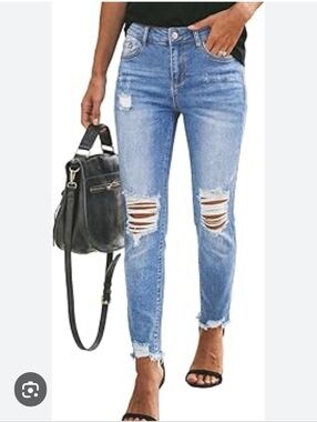 Sidefeel Women's Boyfriend Raw Jeans Stretchy Ripped Skinny Frayed Size 18